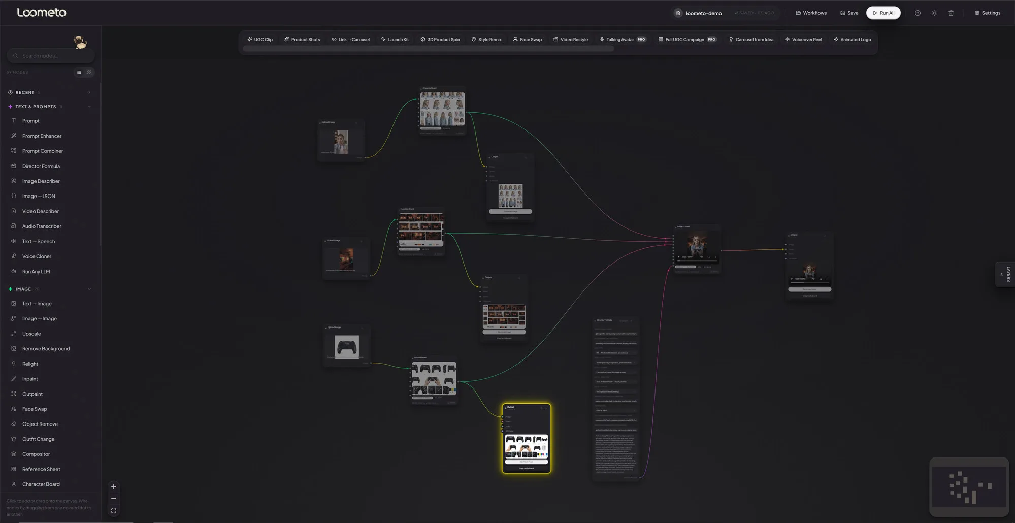 A full Loometo pipeline running: character, location and product boards feeding an image-to-video node, a Director Formula prompt, and finished outputs.