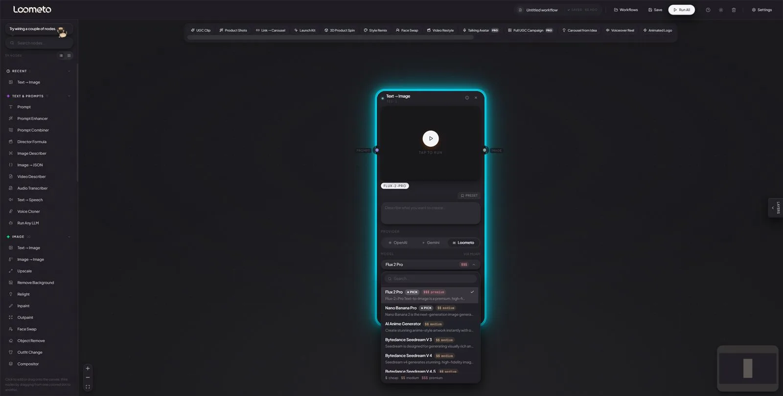 A Text to Image node with its model dropdown open, showing Flux 2 Pro with a PICK badge and premium price tier, plus Nano Banana Pro and Seedream options with cost tiers.