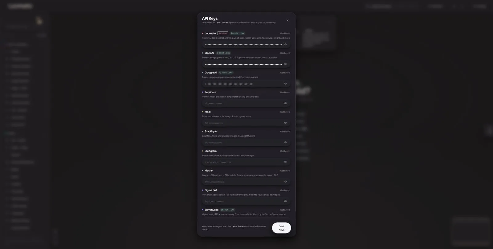 The API Keys settings panel listing providers with masked key fields, FROM .ENV chips, Get key links and a Save Keys button.