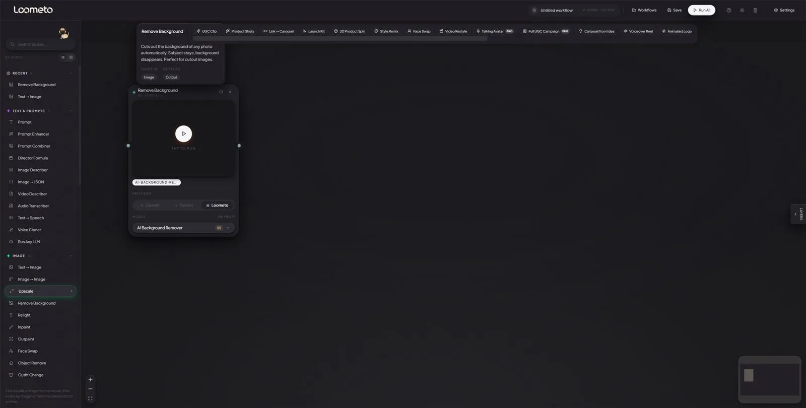 A Remove Background node with its info tooltip open, explaining what it does, with Takes in: Image and Outputs: Cutout.