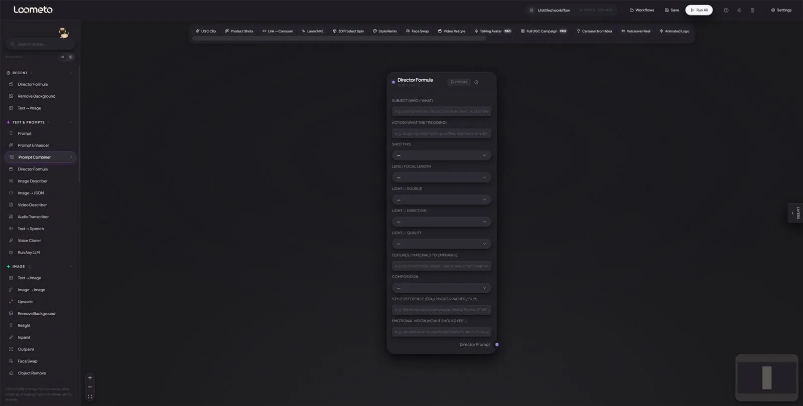 The Director Formula node with eleven fields: subject, action, shot type, lens, three lighting facets, textures, composition, style reference and emotional vision, outputting a Director Prompt.